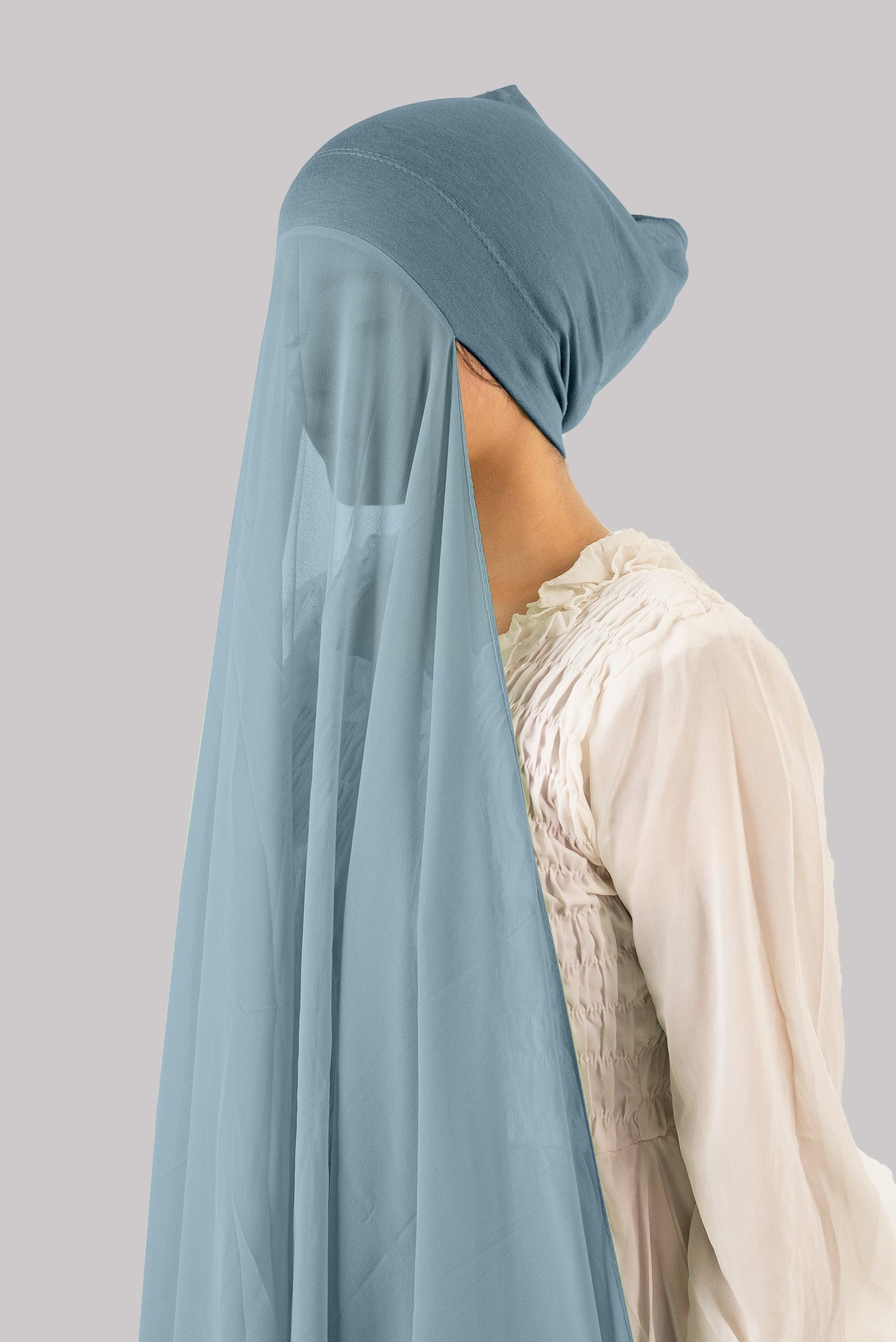 Instant Hijab with Cap. sapphire Girl wearing Soft georgette with matching cap.