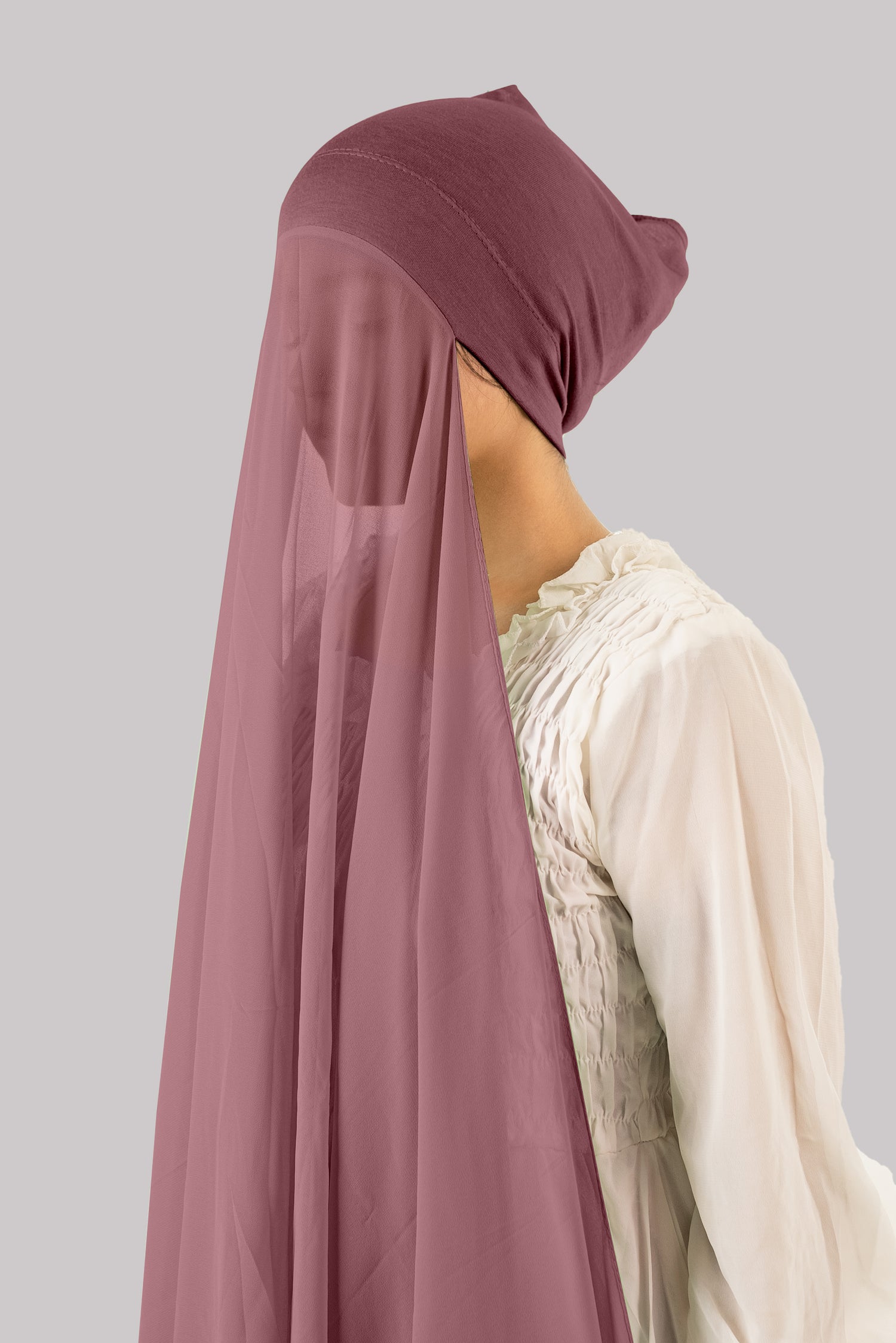 Georgette Instant Hijab with cap in Mauve Color. side view.