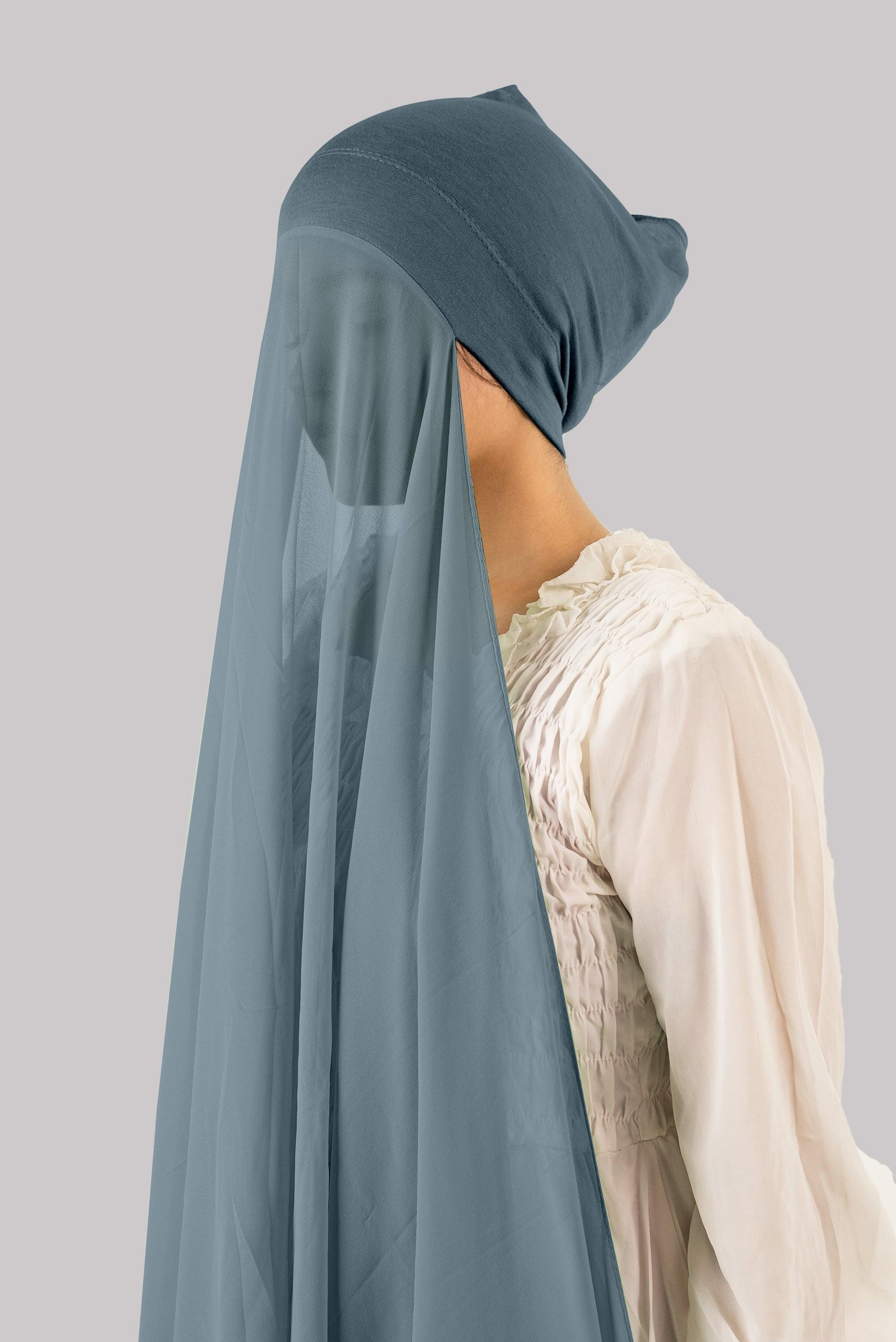 girl wearing georgette instant hijab with attached inner cap / tube cap.