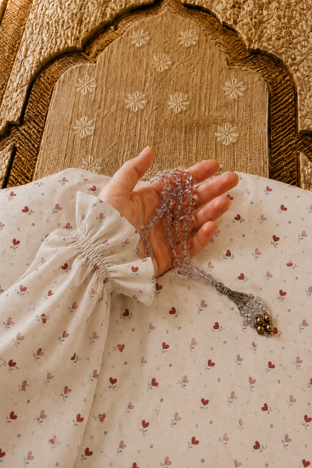 Ivory Namaz Chadar - Heart Bloom Print
