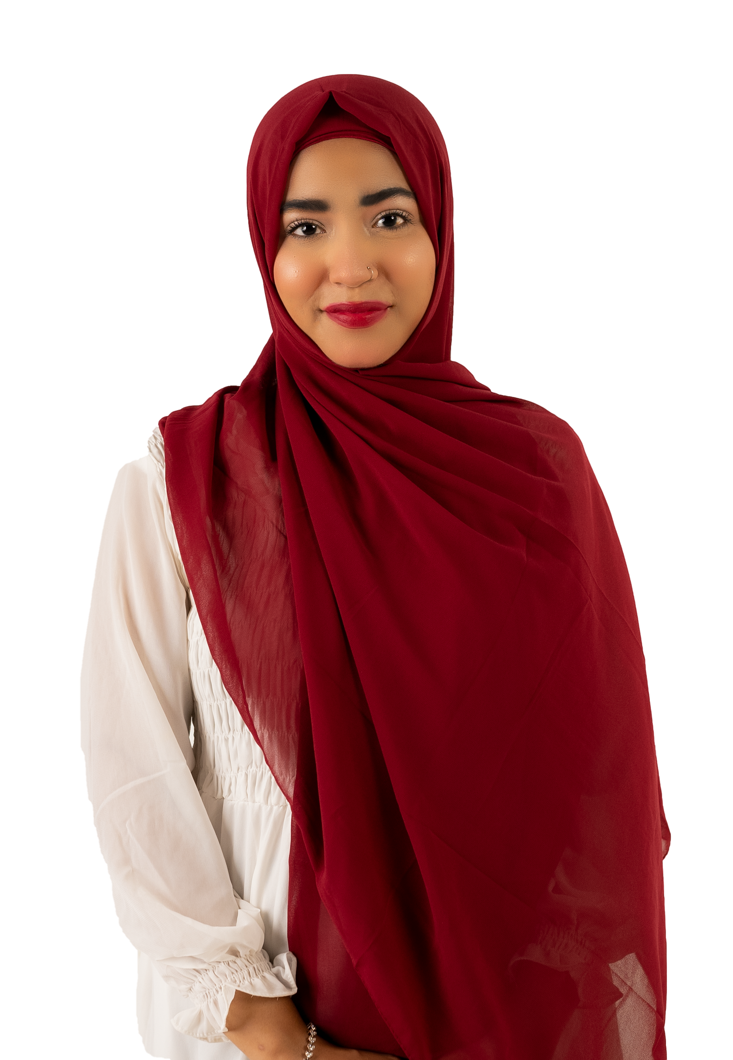 A woman wears a maroon instant hijab with cap, crafted from stylish georgette.