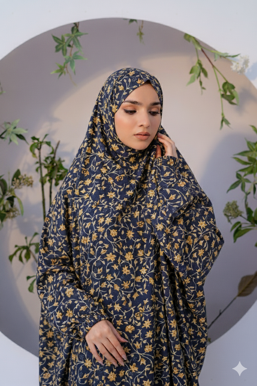 Namaz Chadar in Floral Navy Blue