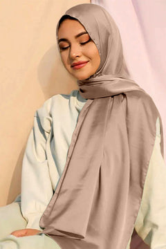 Woman wearing Satin Silk Hijab in Oatmeal Color.