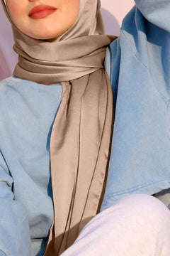 Girl wearing oatmeal hijab. pure satin Silk Fabric Material. Comfortable & Trendy.