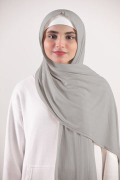 Ribbed Jersey Hijab in Light Grey Individual wearing it for a chic and fashionable look. Premium Ribbed Jersey Fabric.