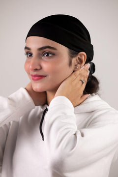 Woman Wearing Soft Tube HIjab Cap. Beautiful Hijab Accessory.