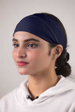 GIrl wearing hijab band in blue. No Slip Hijab Head Band 