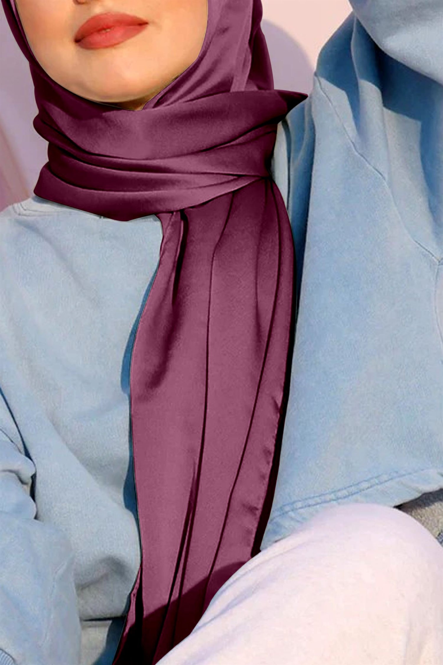 lady, wearing satin silk hijab, in purple color.