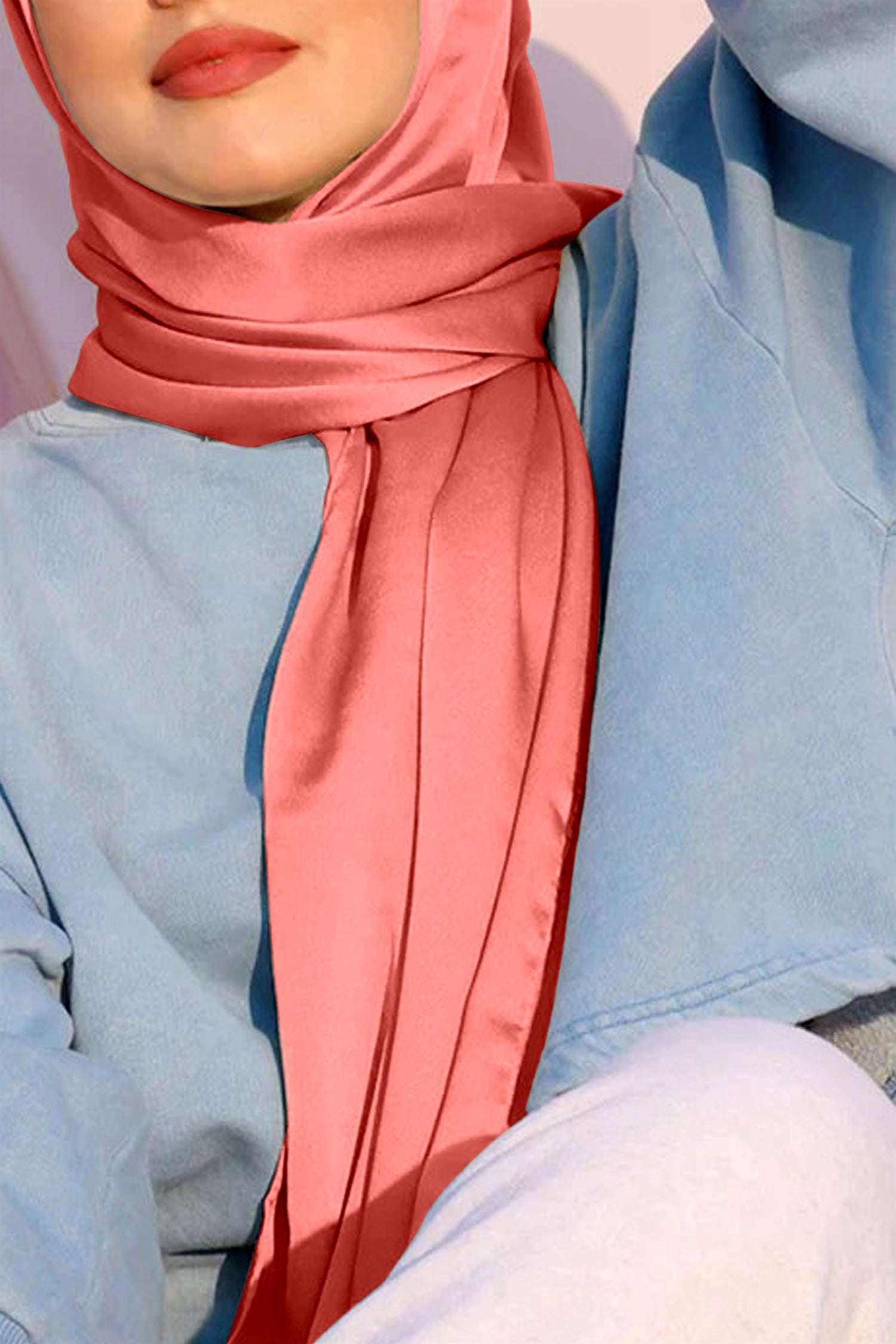 woman wearing hijab , pure satin silk, tea rose color.