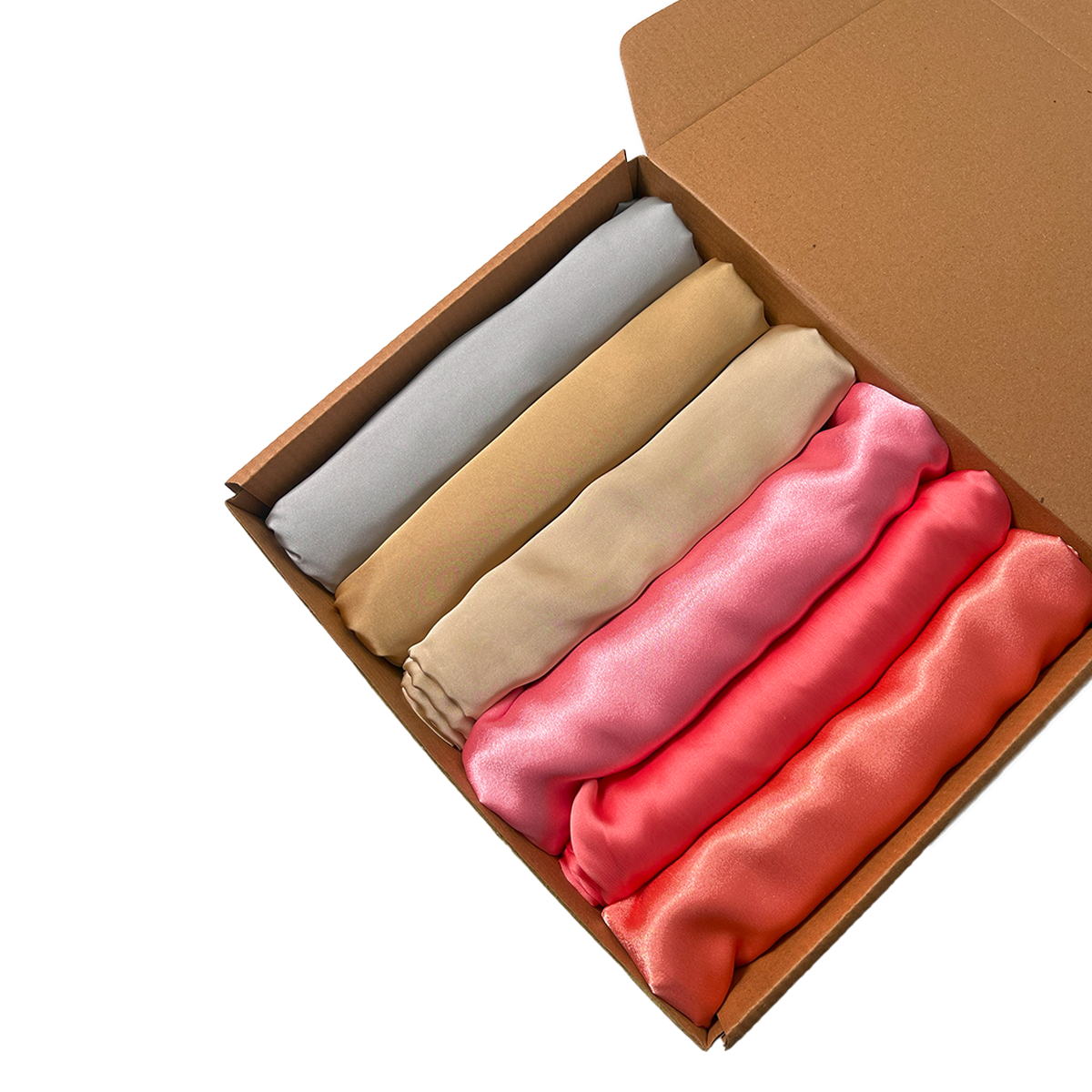 Hijabs Gift Box. Featuring six satin silk hijabs in henna fest shades.