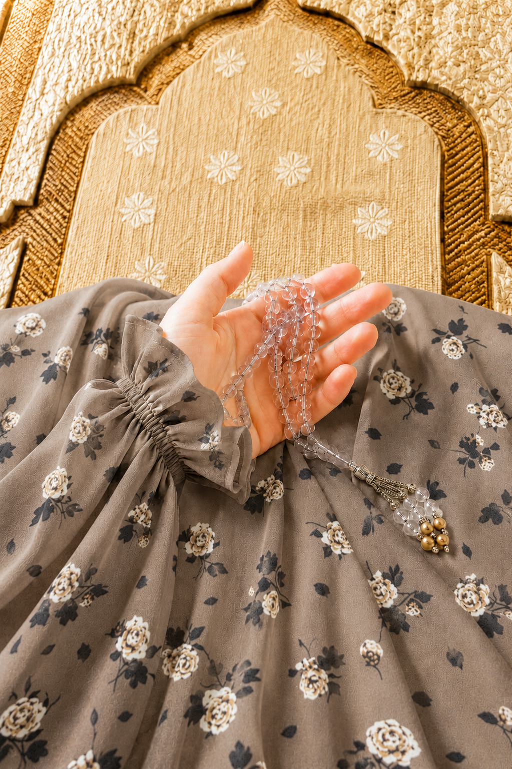 Taupe Namaz Chadar - Rose Print