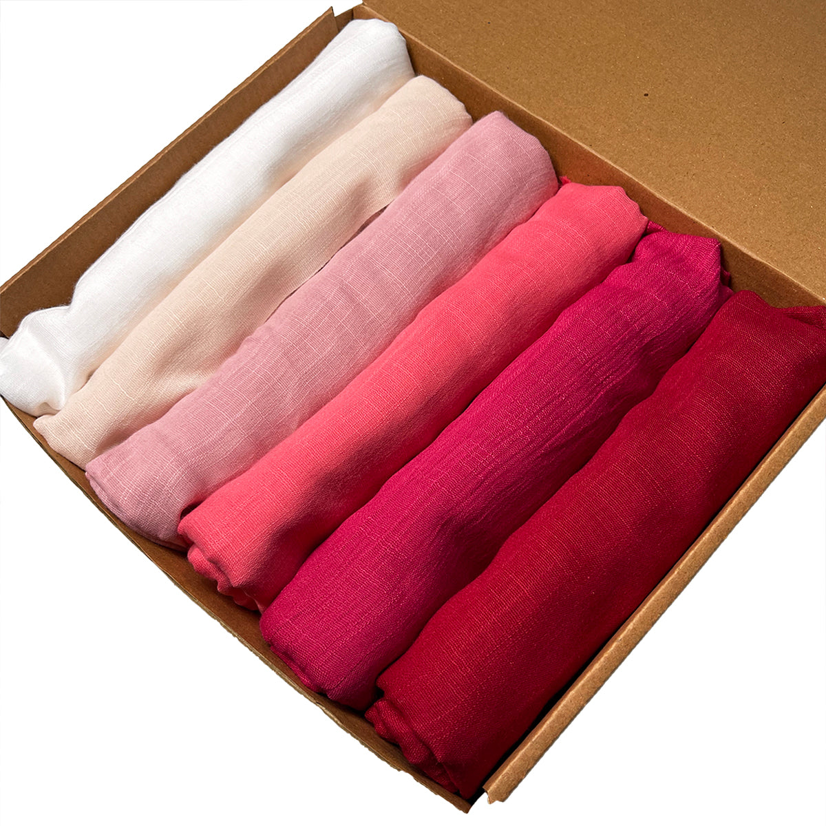 Turkish Viscose Hijabs box. Featuring 6 blush shade colors.