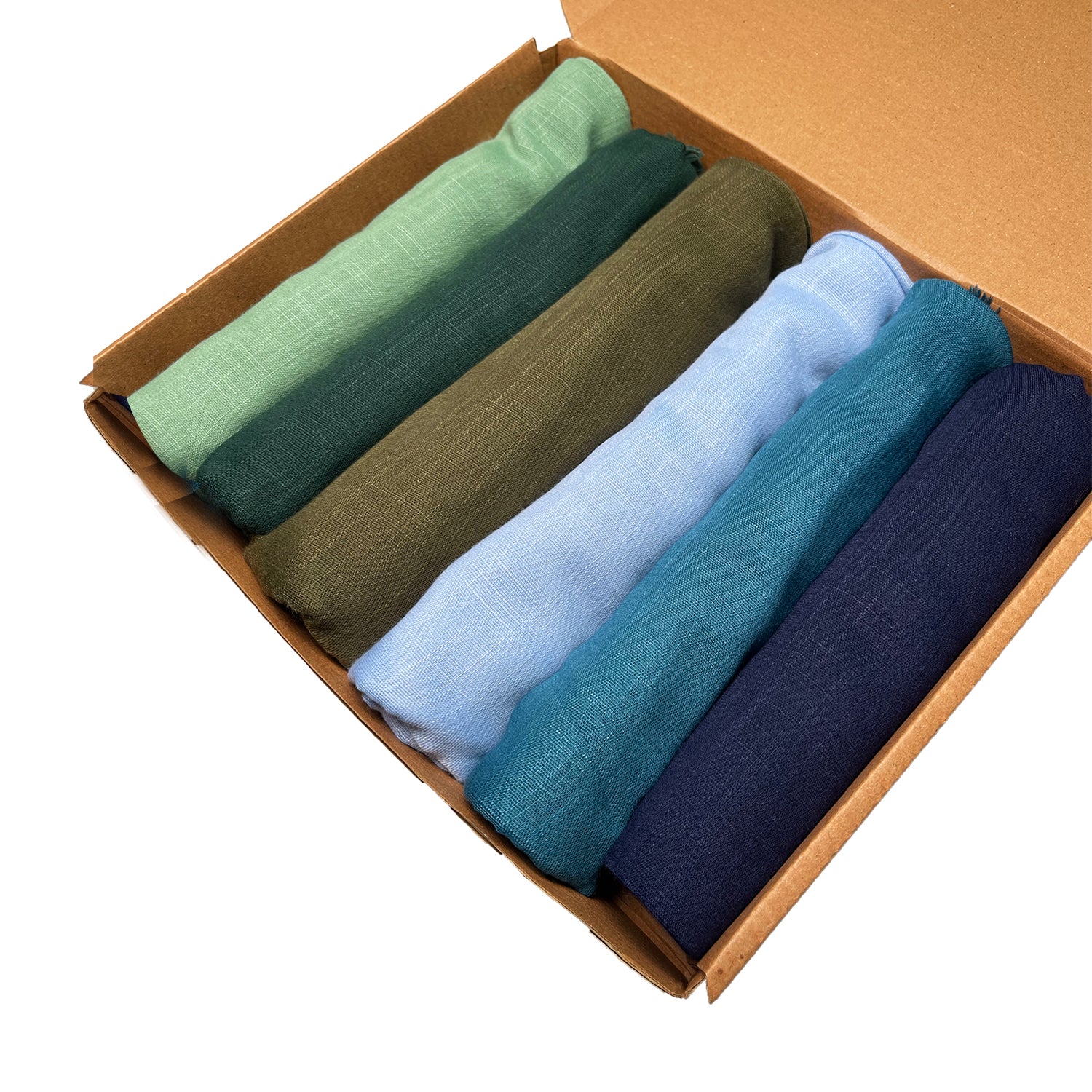 Boxed Scarf Gift. A Hijabs Gift Box Featuring 6 Turkish Viscose Scarves in Chic Emerald Shades.