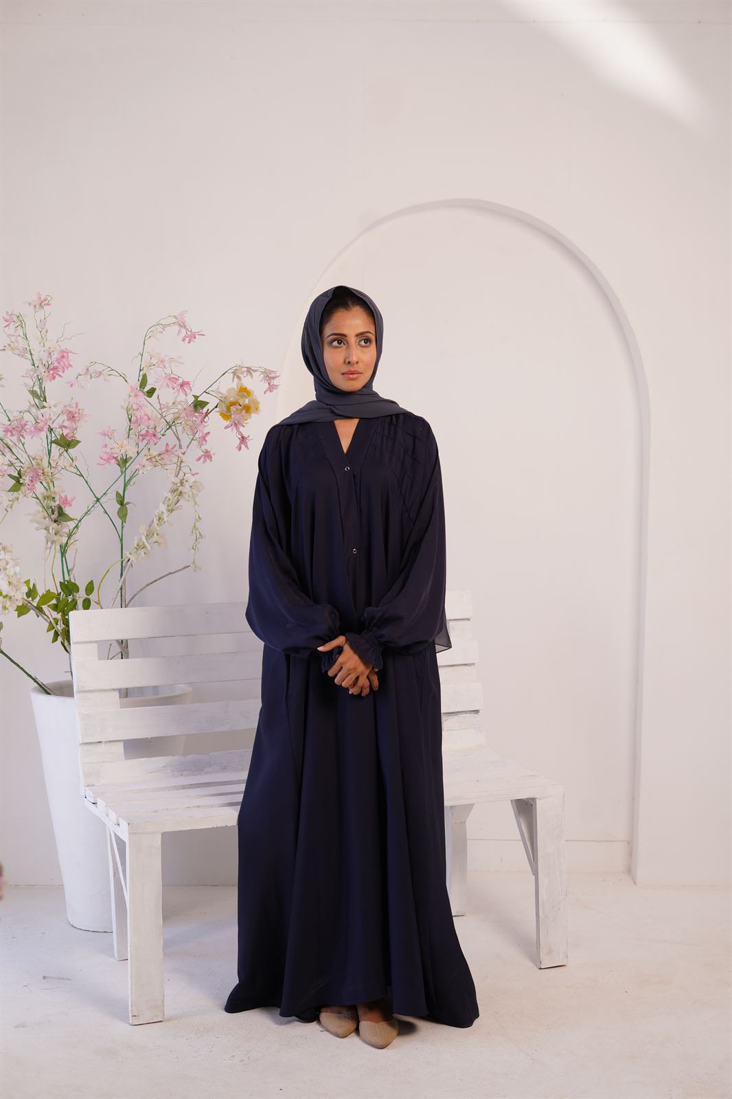 Girl wearing royal blue Paintex Kaftan gown abaya. Buy Kaftan online.