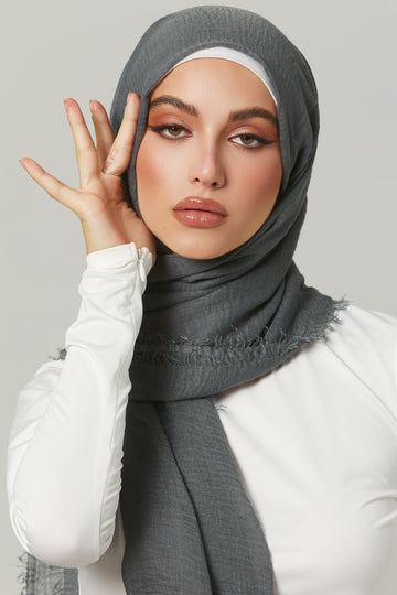 Crinkle Viscose Hijab in Charcoal. Girl styling in Soft & Easy to Care Viscose.