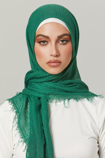 Crinkle Viscose Hijab in Jade Green. Girl styling in Soft & Easy to Care Viscose.