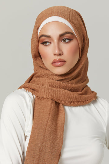 Crinkle Viscose Hijab in Hazelnut. Girl styling in Soft & Easy to Care Viscose.
