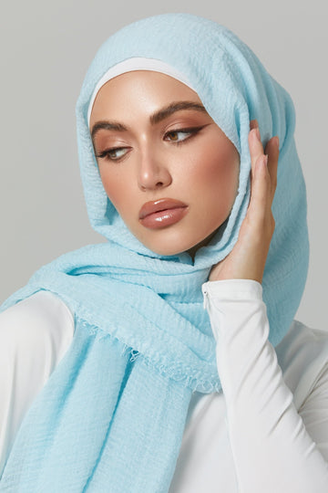 Crinkle Viscose Hijab in Ice Blue. Girl styling in Soft & Easy to Care Viscose.