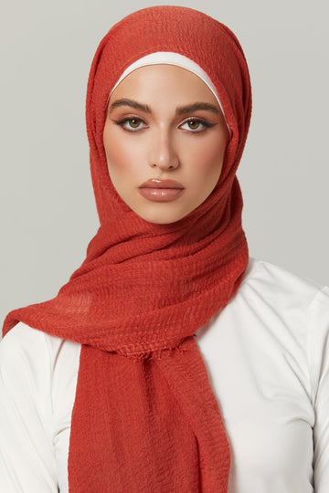 Crinkle Viscose Hijab in Russian red. Girl styling in Soft & Easy to Care Viscose.